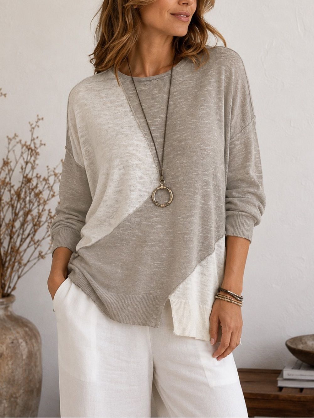 Ten-Oh-8 Linen Blend Colorblock Asymmetrical Lightweight Knit Sweater Size M